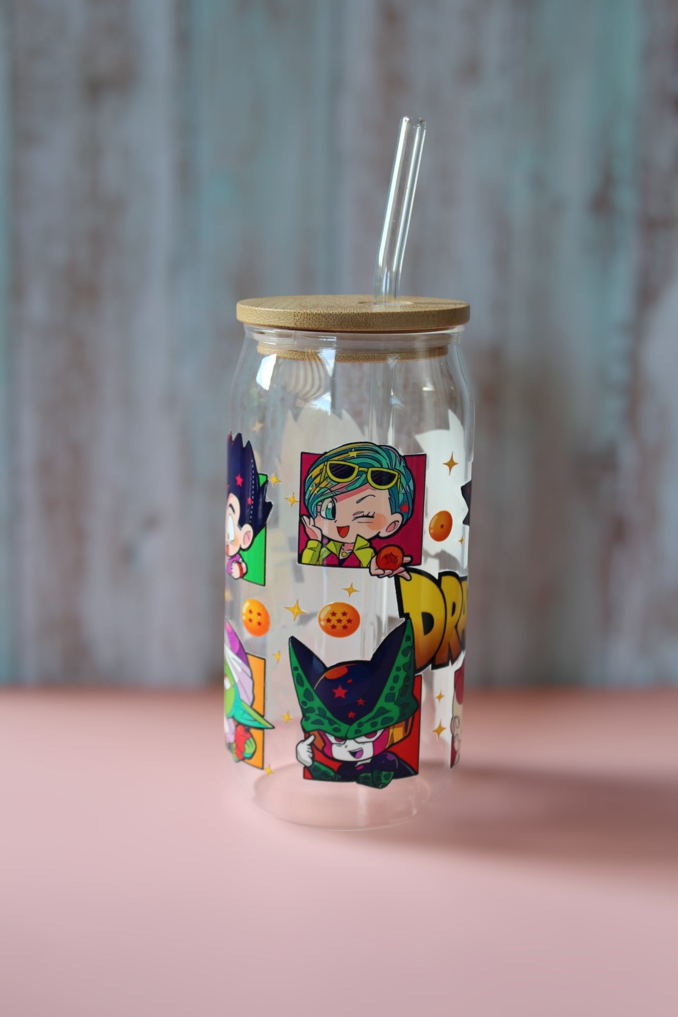 Trinkglas mit Bambus Deckel und Glasstrohhalm | Anime Trinkglas | Dragon Ball Trinkglas | Dragon Ball Z | Son Goku | Becher | 560ml | 18 uz.