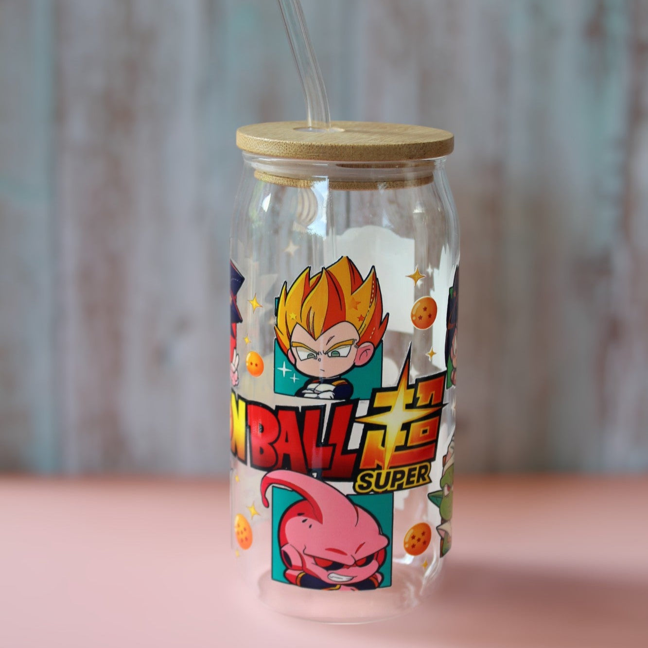Trinkglas mit Bambus Deckel und Glasstrohhalm | Anime Trinkglas | Dragon Ball Trinkglas | Dragon Ball Z | Son Goku | Becher | 560ml | 18 uz.