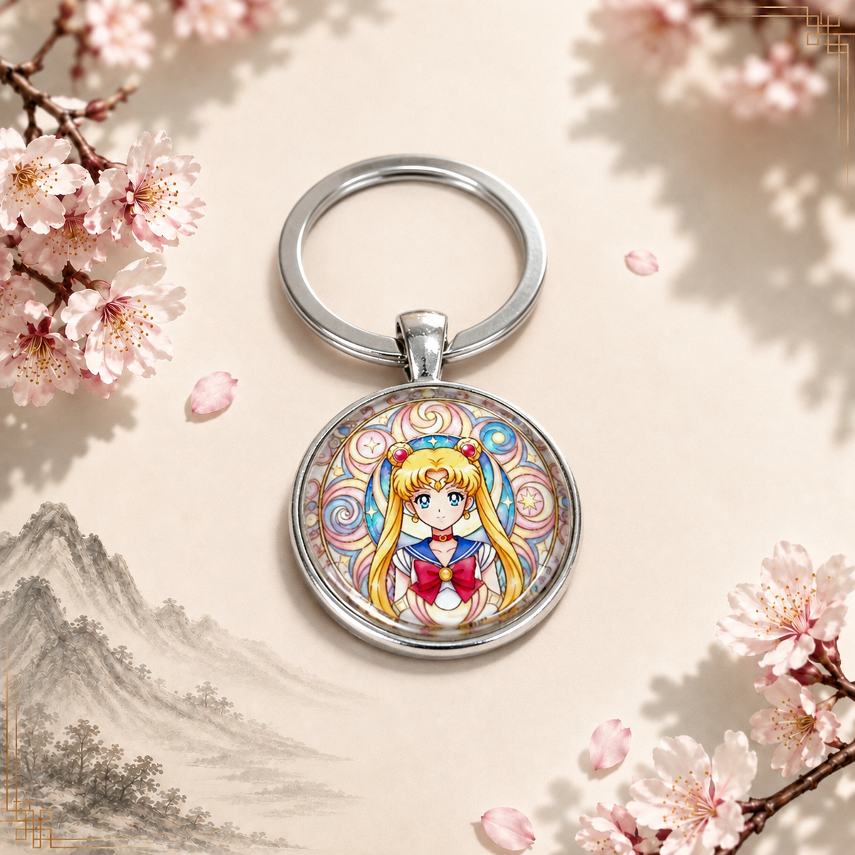 Sailor Moon Anime-Schlüsselanhänger mit rundem Motiv und silbernem Metallanhänger