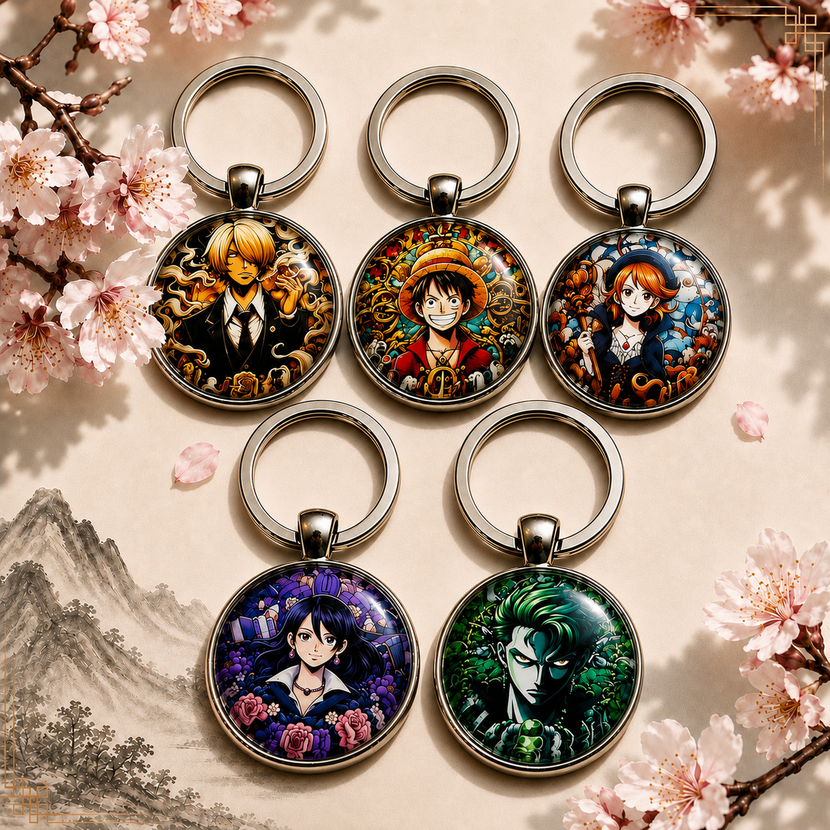 One Piece Anime-Schlüsselanhänger mit rundem Motiv und silbernem Metallanhänger