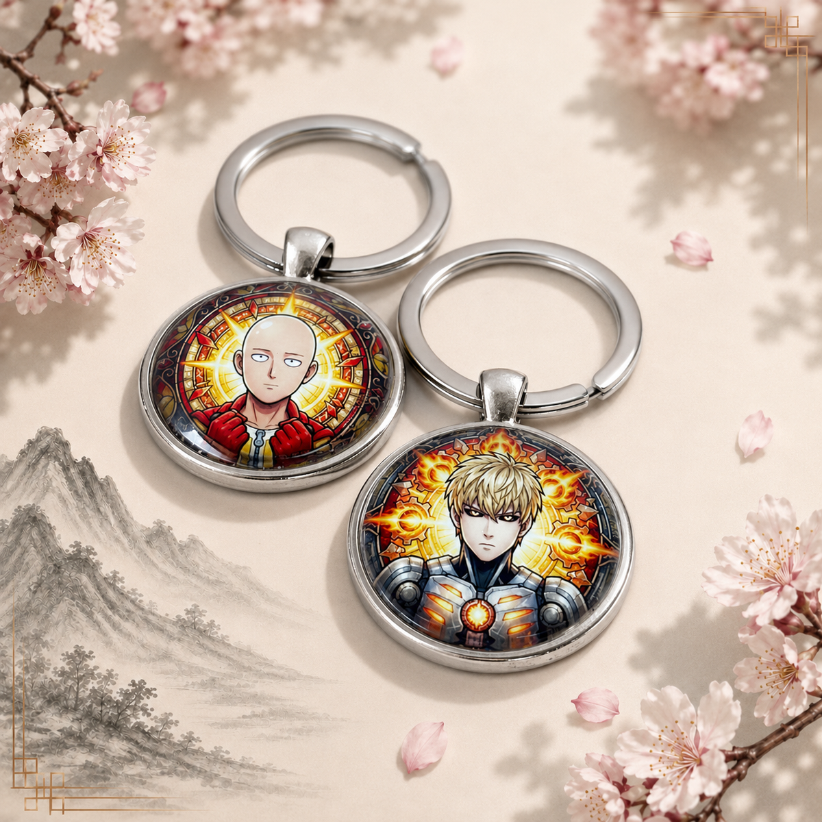 One Punch Man Anime-Schlüsselanhänger mit rundem Motiv und silbernem Metallanhänger