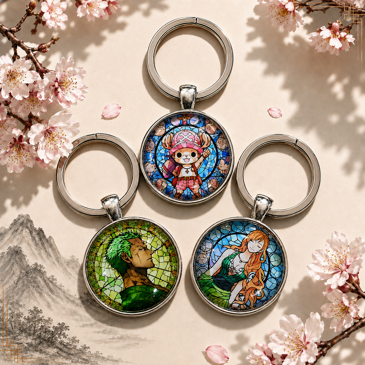 One Piece Anime-Schlüsselanhänger mit rundem Motiv und silbernem Metallanhänger