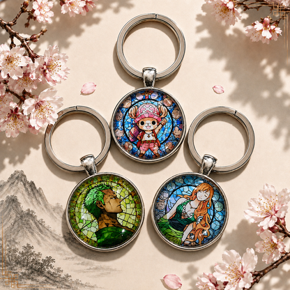 One Piece Anime-Schlüsselanhänger mit rundem Motiv und silbernem Metallanhänger