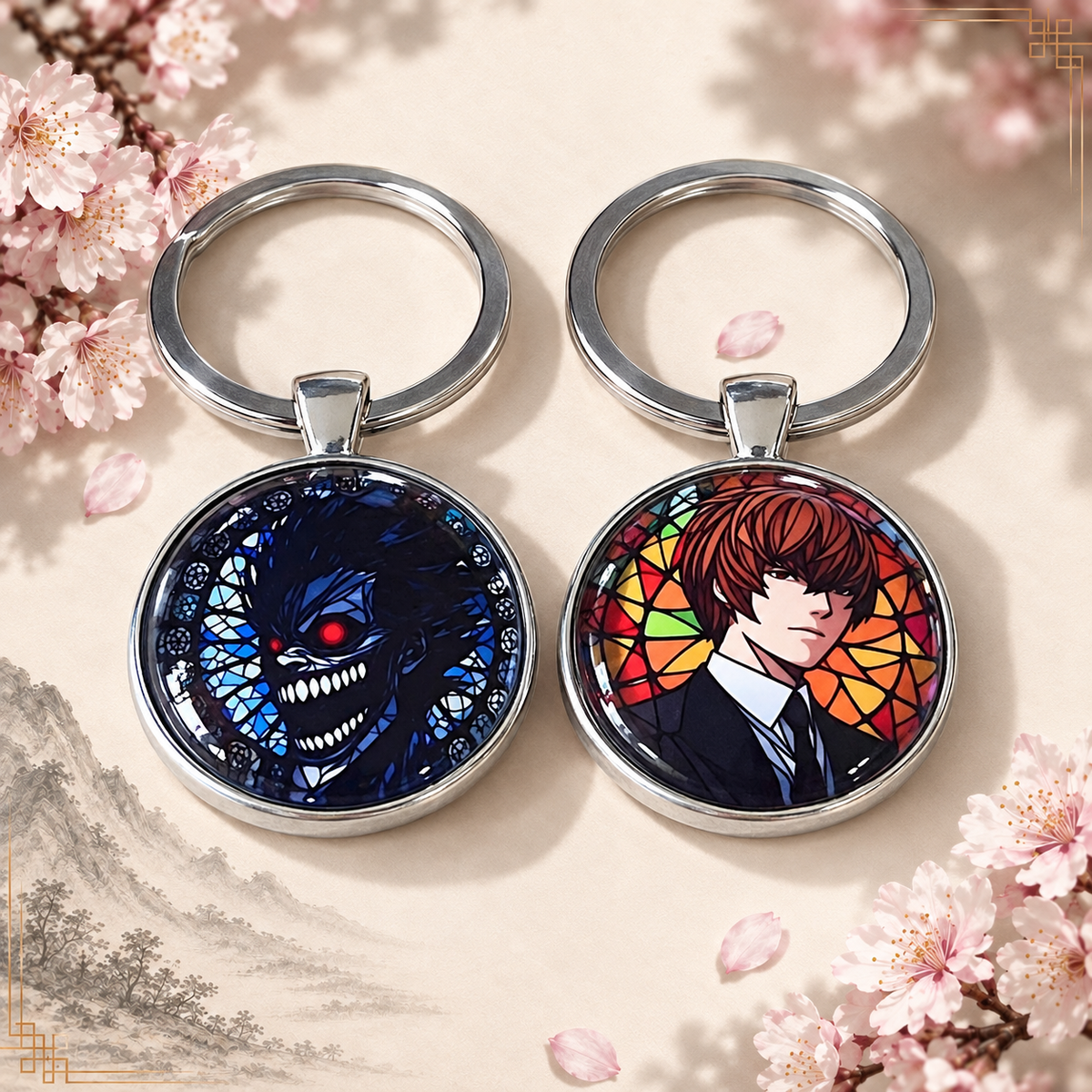Death Note Anime-Schlüsselanhänger mit rundem Motiv und silbernem Metallanhänger