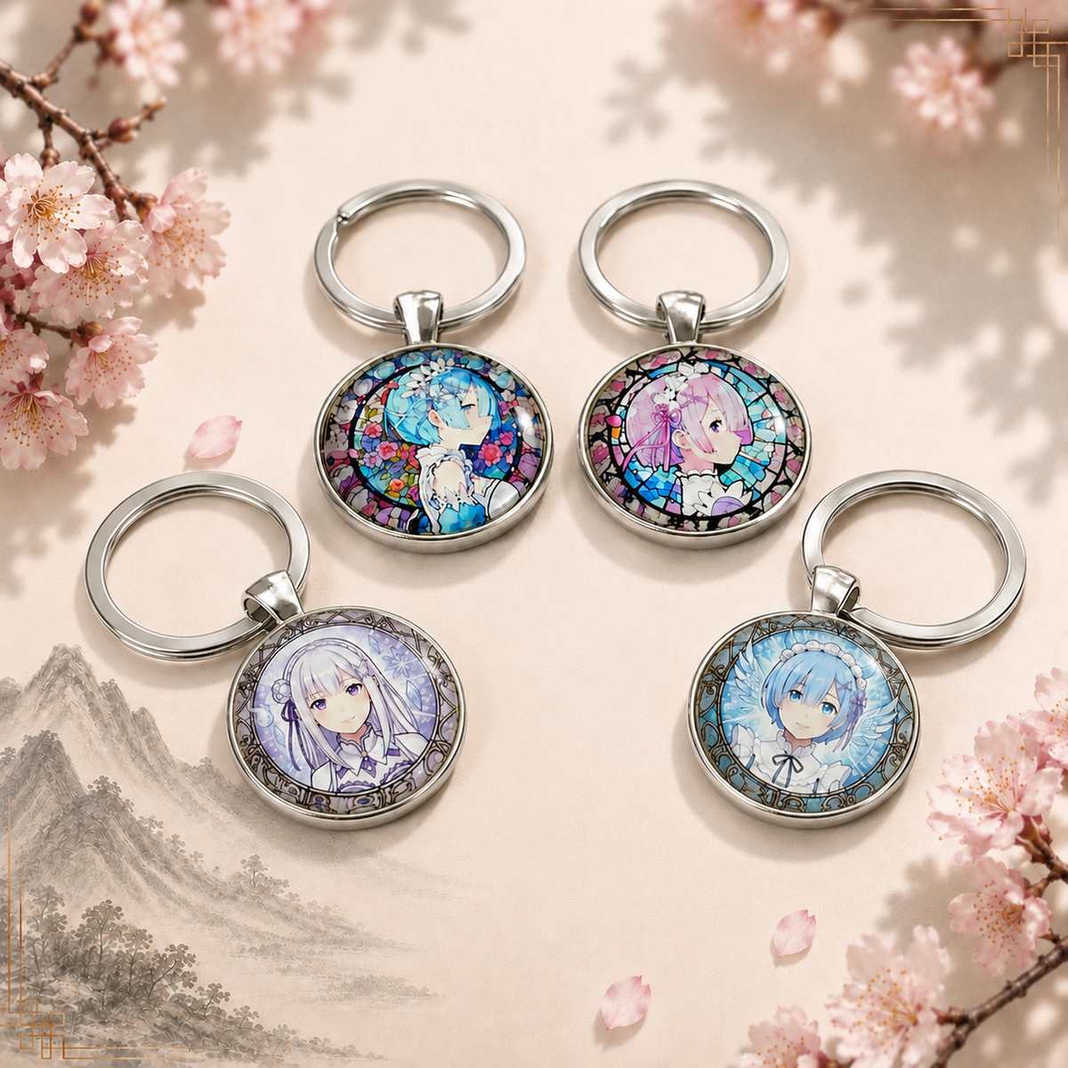 Re:Zero Anime-Schlüsselanhänger mit rundem Motiv und silbernem Metallanhänger