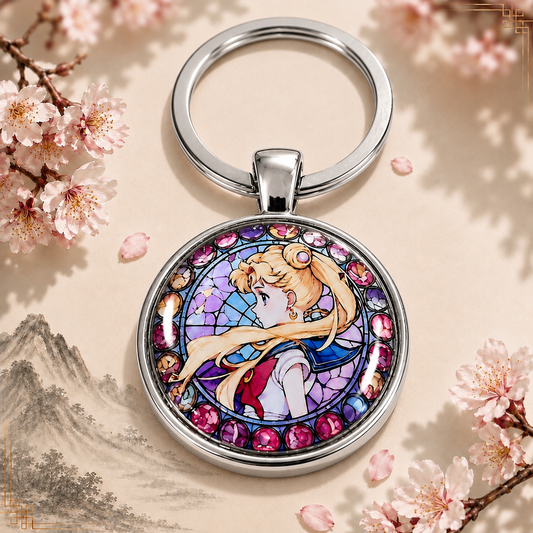 Sailor Moon Anime-Schlüsselanhänger mit rundem Motiv und silbernem Metallanhänger