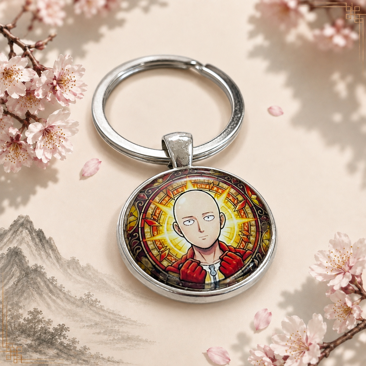 One Punch Man Anime-Schlüsselanhänger mit rundem Motiv und silbernem Metallanhänger