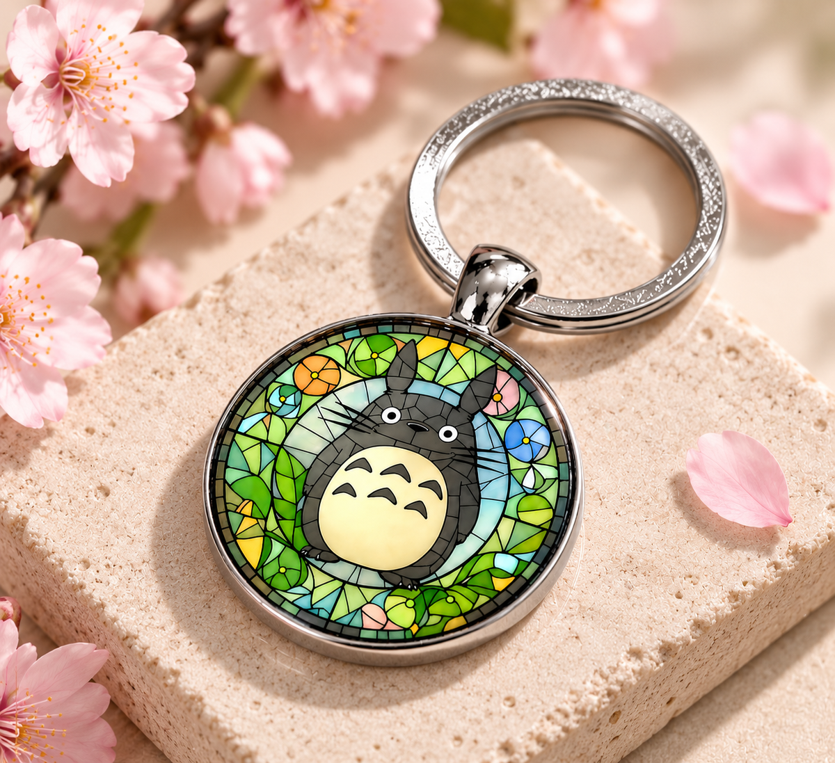 Totoro Anime-Schlüsselanhänger mit rundem Motiv und silbernem Metallanhänger