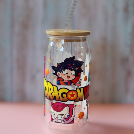 Trinkglas mit Bambus Deckel und Glasstrohhalm | Anime Trinkglas | Dragon Ball Trinkglas | Dragon Ball Z | Son Goku | Becher | 560ml | 18 uz.