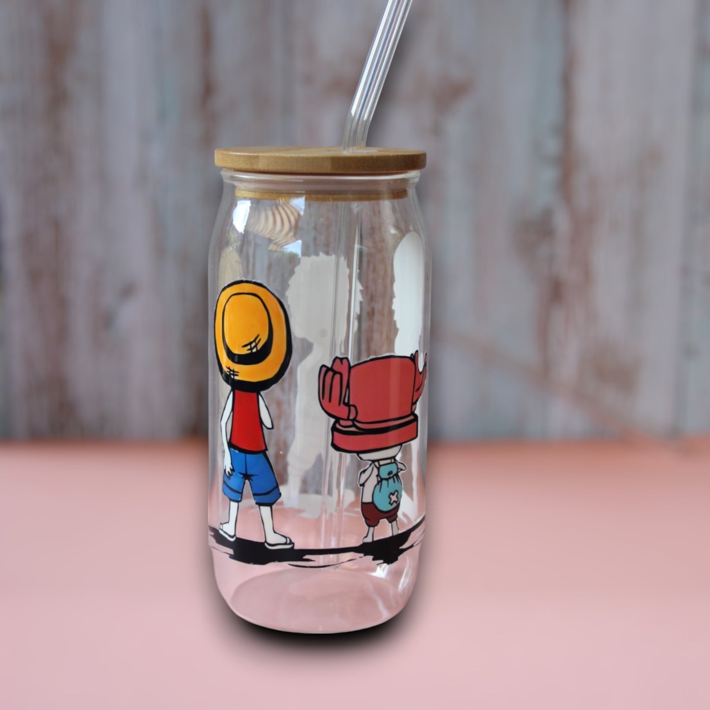 Trinkglas mit Bambus Deckel und Glasstrohhalm | Anime Trinkglas | One Piece Trinkglas | Trinkbecher | Zorro | Ruffy | Klar | 560ml | 18 uz.