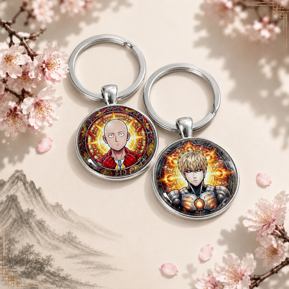 One Punch Man Anime-Schlüsselanhänger mit rundem Motiv und silbernem Metallanhänger