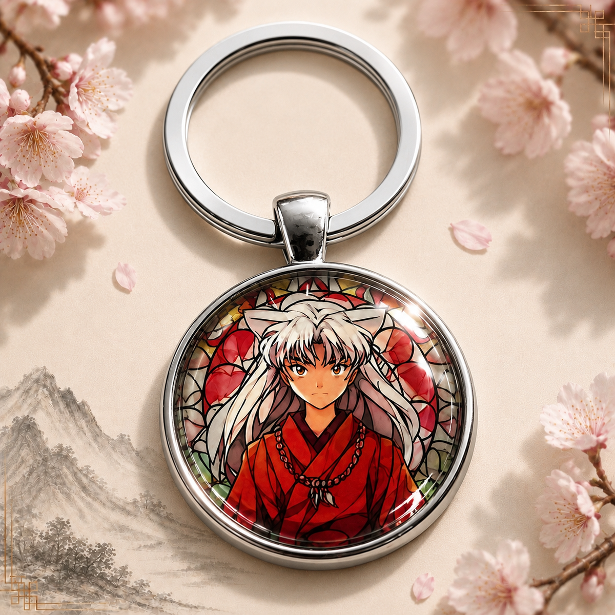 Inu Yasha Anime-Schlüsselanhänger mit rundem Motiv und silbernem Metallanhänger