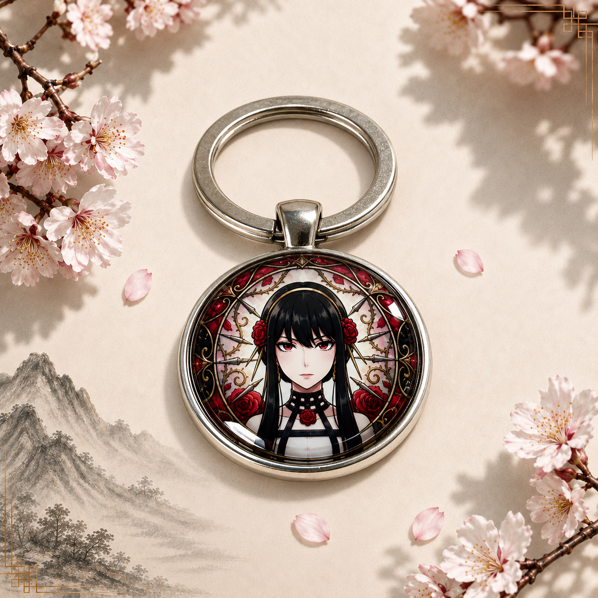 Yor Forger Anime-Schlüsselanhänger mit rundem Motiv und silbernem Metallanhänger