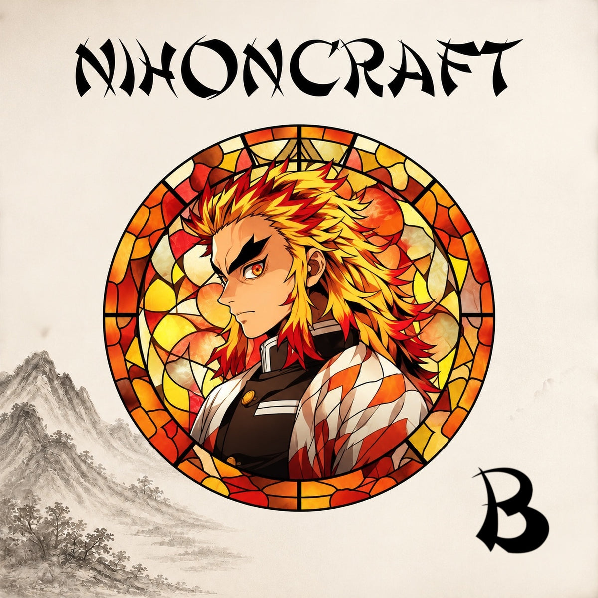 Demon Slayer Anime-Schlüsselanhänger mit Kyojuro Rengoku und buntem Buntglas-Motiv