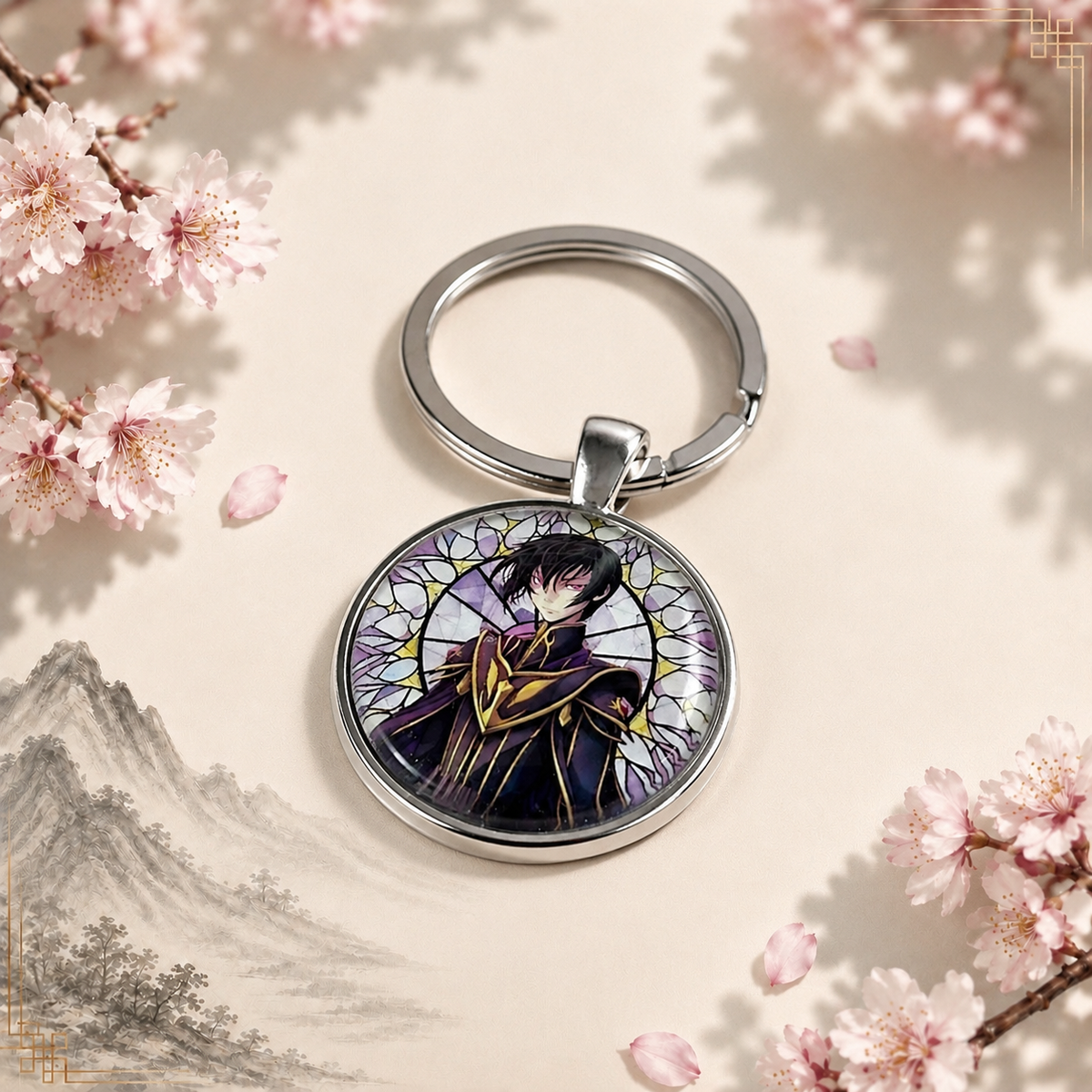 Handgefertigter Code Geass Anime-Schlüsselanhänger mit rundem Motiv und silbernem Metallanhänger