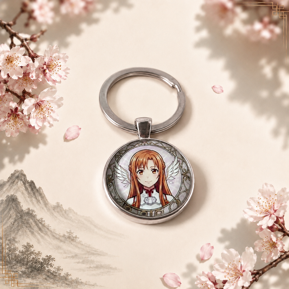 Sword Art Online Anime-Schlüsselanhänger mit rundem Motiv und silbernem Metallanhänger