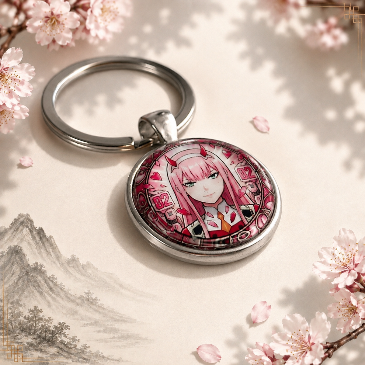 Darling in the Franxx Anime-Schlüsselanhänger mit rundem Motiv und silbernem Metallanhänger