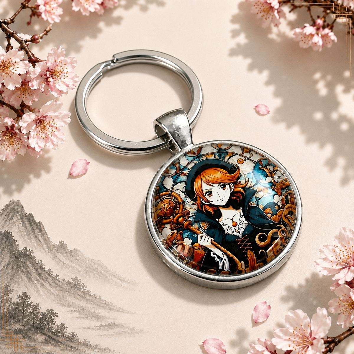 One Piece Anime-Schlüsselanhänger mit Nami rundem Motiv und silbernem Metallanhänger