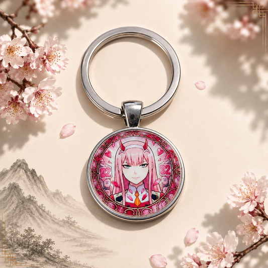 Darling in the Franxx Anime-Schlüsselanhänger mit rundem Motiv und silbernem Metallanhänger