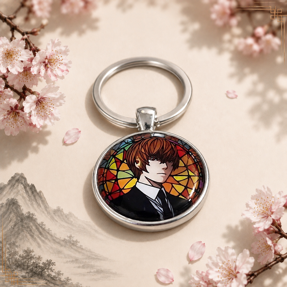 Death Note Anime-Schlüsselanhänger mit rundem Motiv und silbernem Metallanhänger