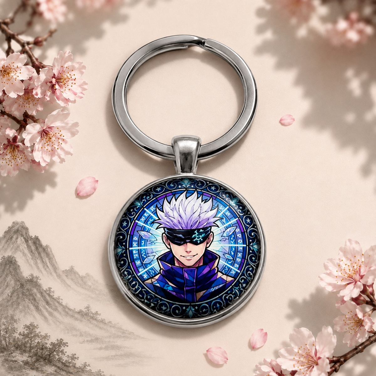 Jujutsu Kaisen Anime-Schlüsselanhänger mit Satoru Gojo und rundem Motiv sowie silbernem Metallanhänger