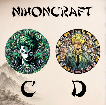 One Piece Anime-Schlüsselanhänger mit Lorenor Zorro, Sanji und buntem Buntglas-Motiv