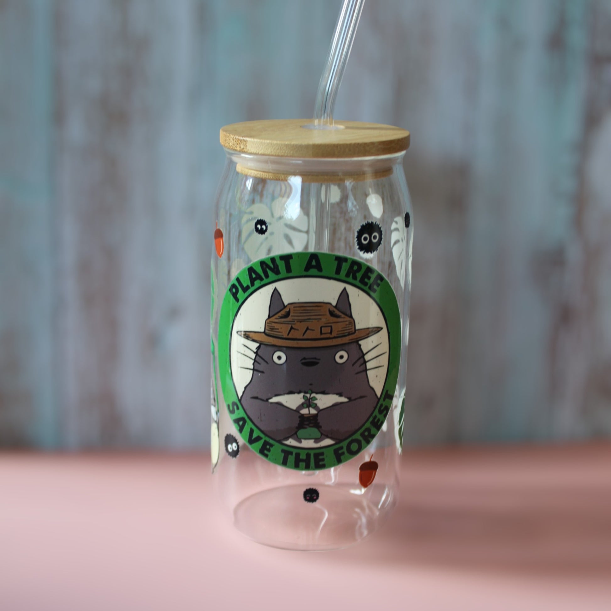 Trinkglas mit Bambus Deckel und Glasstrohhalm | Anime Trinkglas | Totoro  Glas | Mein Nachbar Totoro | Ghibli | Trinkbecher | 560ml | 18 uz