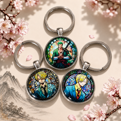 One Piece Anime-Schlüsselanhänger mit Sanji rundem Motiv und silbernem Metallanhänger