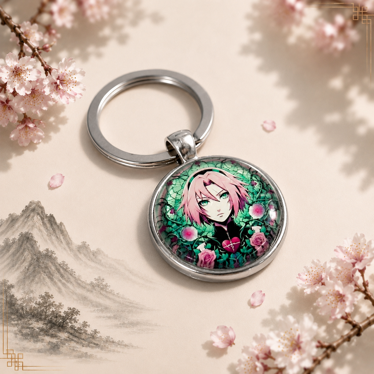 Naruto Anime-Schlüsselanhänger mit rundem Motiv und silbernem Metallanhänger