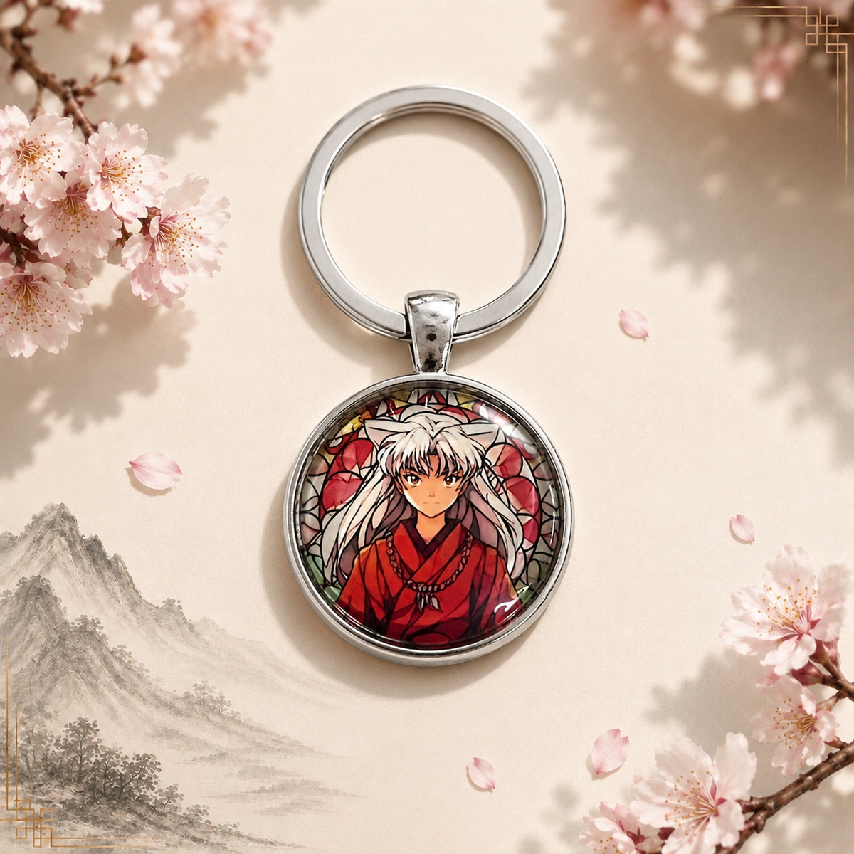 Inu Yasha Anime-Schlüsselanhänger mit rundem Motiv und silbernem Metallanhänger