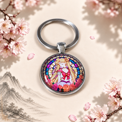 Sailor Moon Anime-Schlüsselanhänger mit rundem Motiv und silbernem Metallanhänger