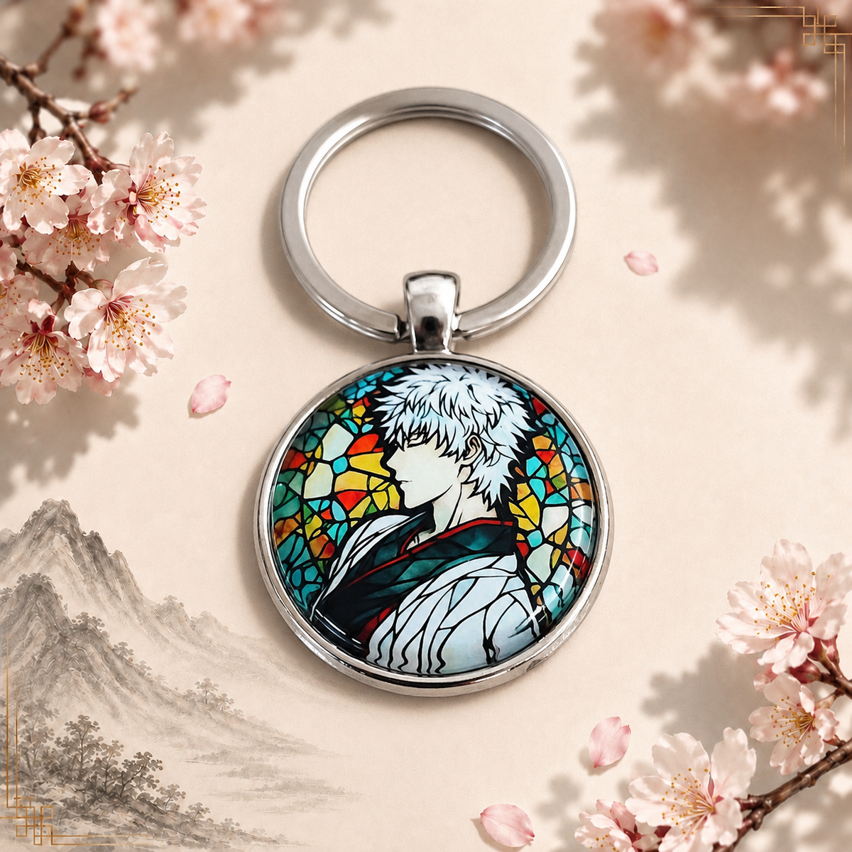Gintama Anime-Schlüsselanhänger mit rundem Motiv und silbernem Metallanhänger