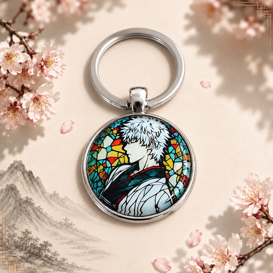 Gintama Anime-Schlüsselanhänger mit rundem Motiv und silbernem Metallanhänger