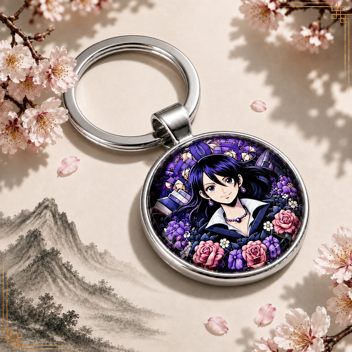 One Piece Anime-Schlüsselanhänger mit Nico Robin rundem Motiv und silbernem Metallanhänger