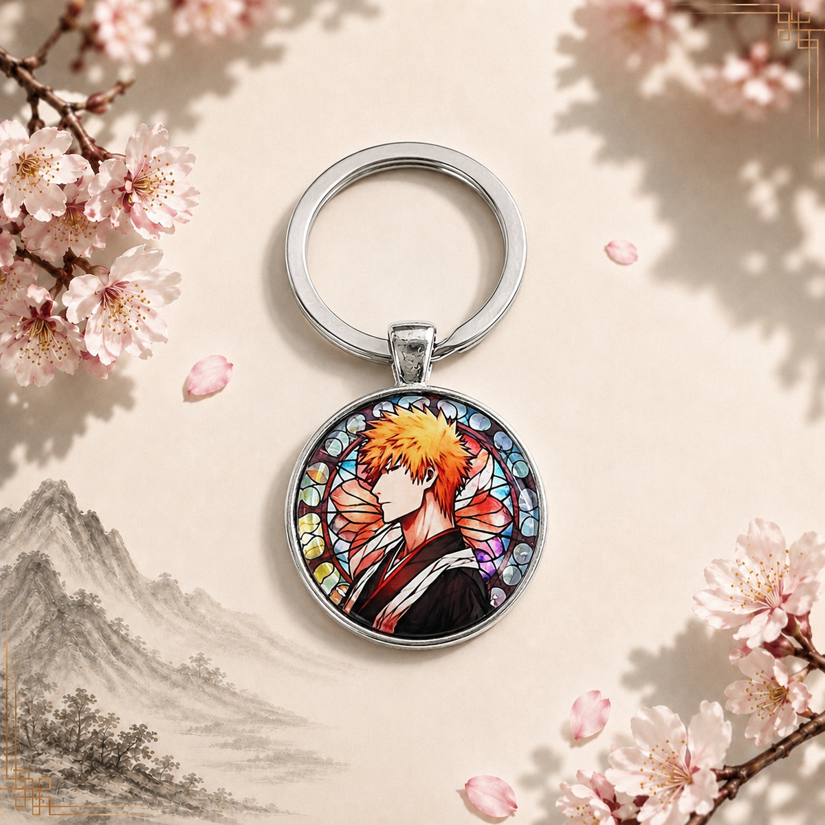 Ichigo Kurosaki Anime-Schlüsselanhänger mit rundem Motiv und silbernem Metallanhänger