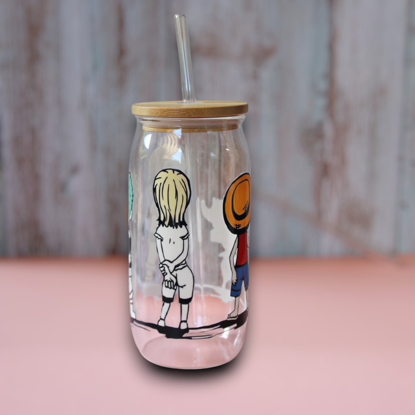 Trinkglas mit Bambus Deckel und Glasstrohhalm | Anime Trinkglas | One Piece Trinkglas | Trinkbecher | Zorro | Ruffy | Klar | 560ml | 18 uz.