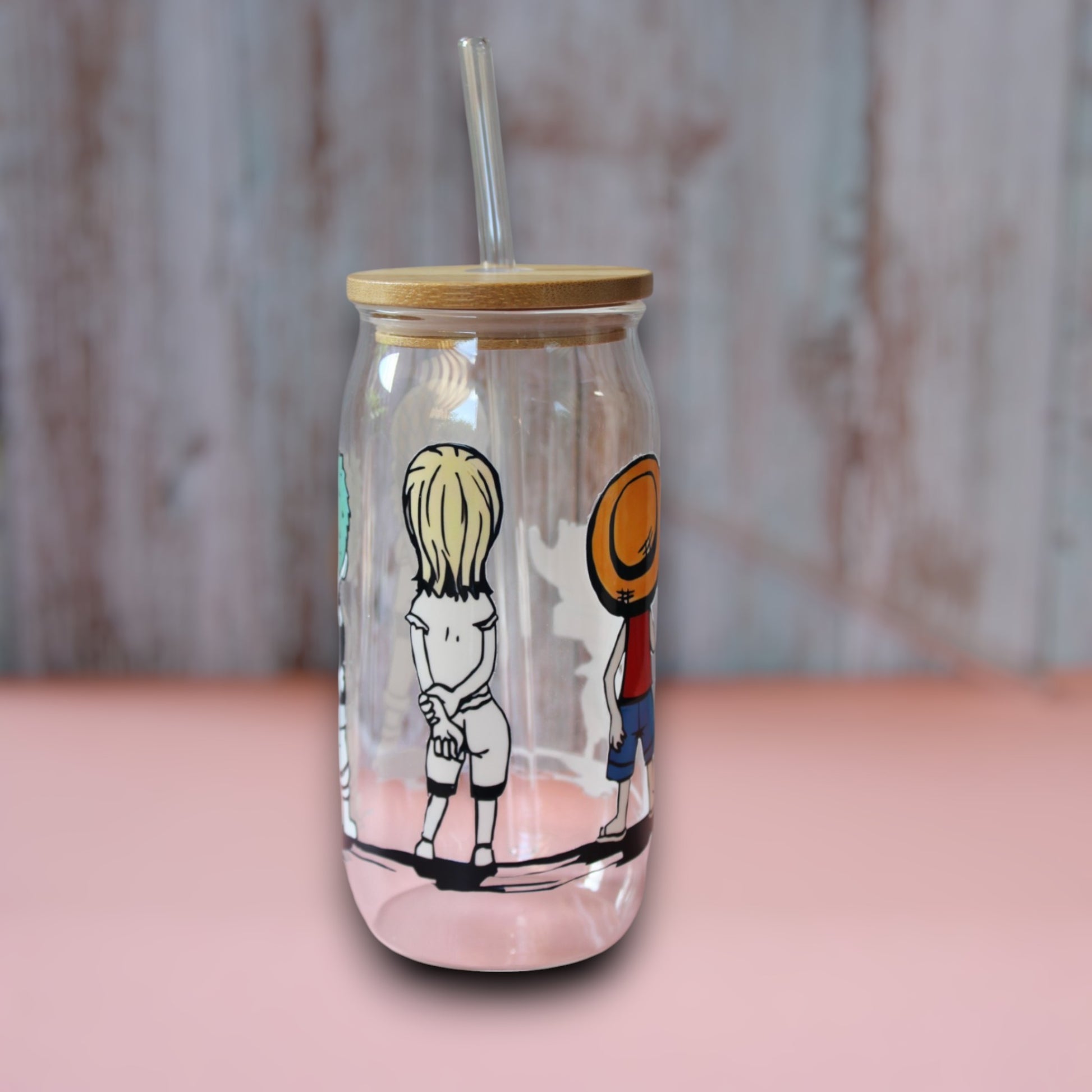 Trinkglas mit Bambus Deckel und Glasstrohhalm | Anime Trinkglas | One Piece Trinkglas | Trinkbecher | Zorro | Ruffy | Klar | 560ml | 18 uz.