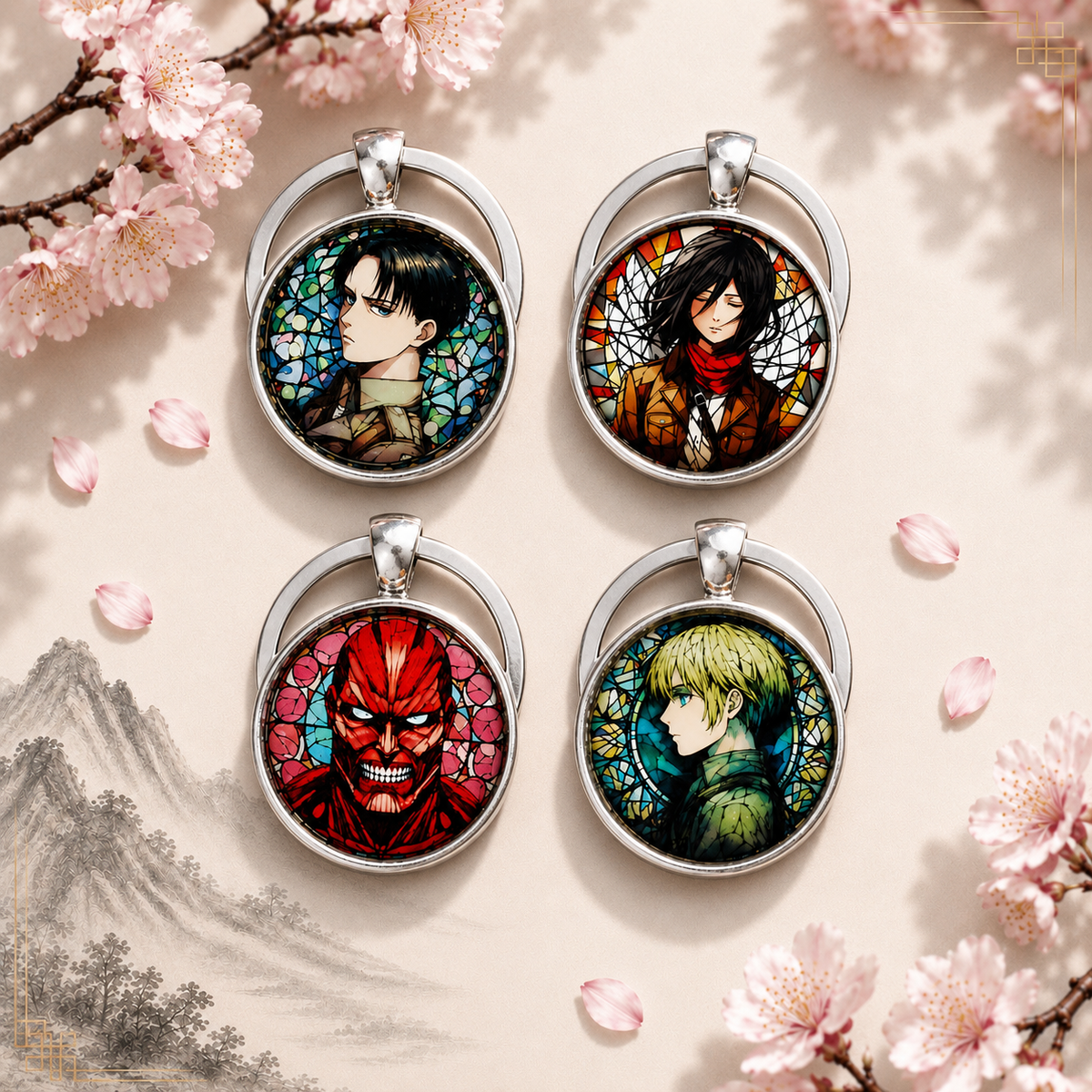 Attack on Titan Anime-Schlüsselanhänger mit rundem Motiv und silbernem Metallanhänger