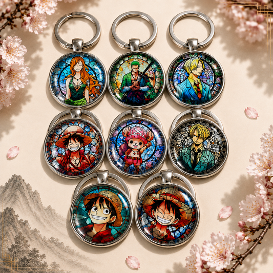One Piece Anime-Schlüsselanhänger mit rundem Motiv und silbernem Metallanhänger