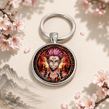 Jujutsu Kaisen Anime-Schlüsselanhänger mit Sukuna und rundem Motiv sowie silbernem Metallanhänger