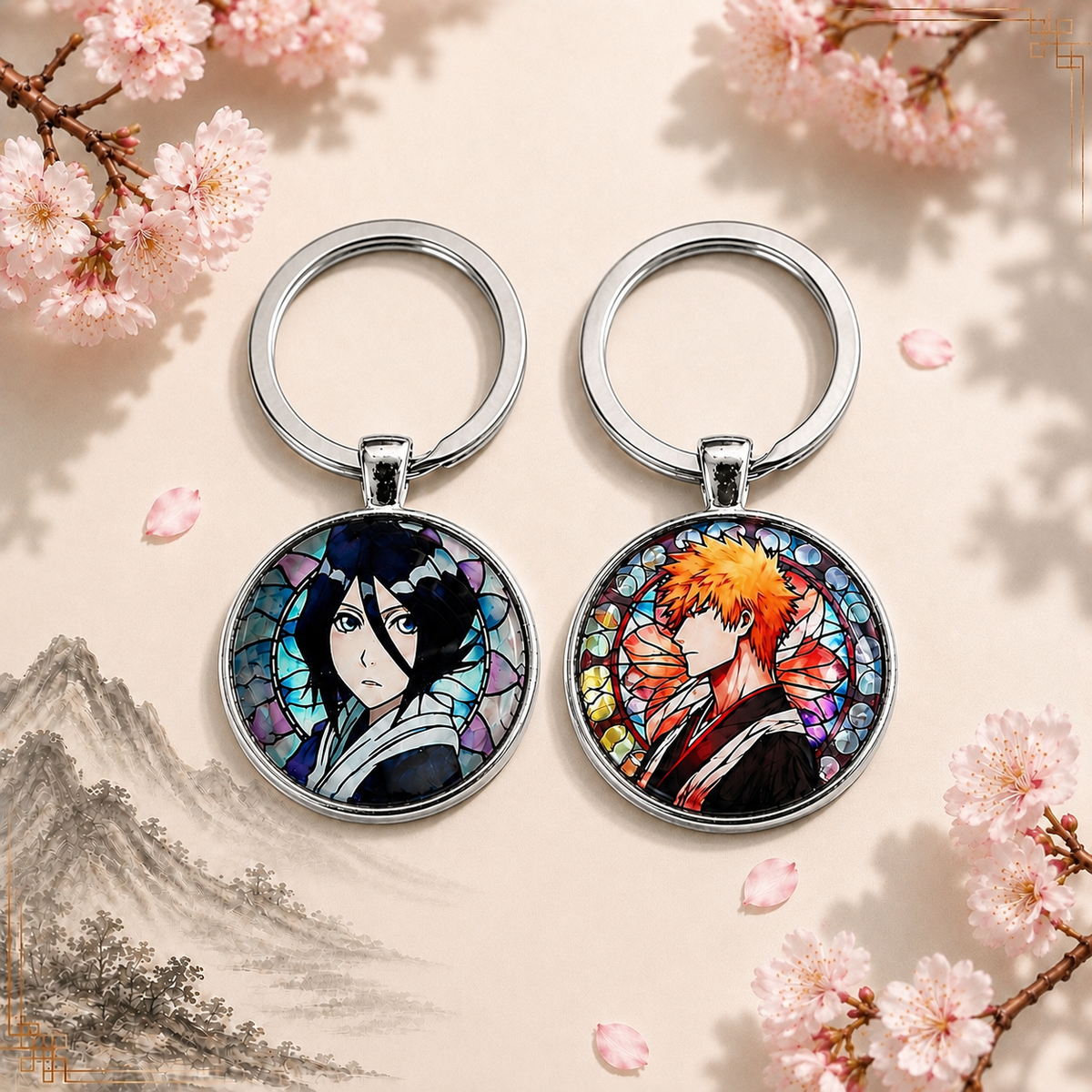 Bleach Anime-Schlüsselanhänger mit rundem Motiv und silbernem Metallanhänger