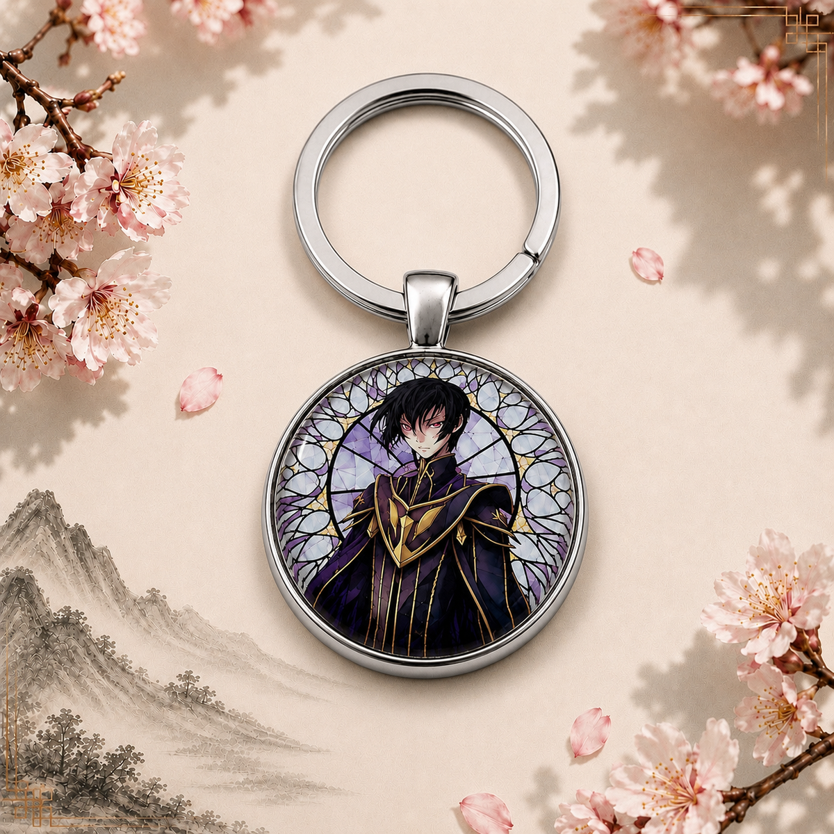 Handgefertigter Code Geass Anime-Schlüsselanhänger mit rundem Motiv und silbernem Metallanhänger