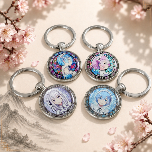 Re:Zero Anime-Schlüsselanhänger mit rundem Motiv und silbernem Metallanhänger