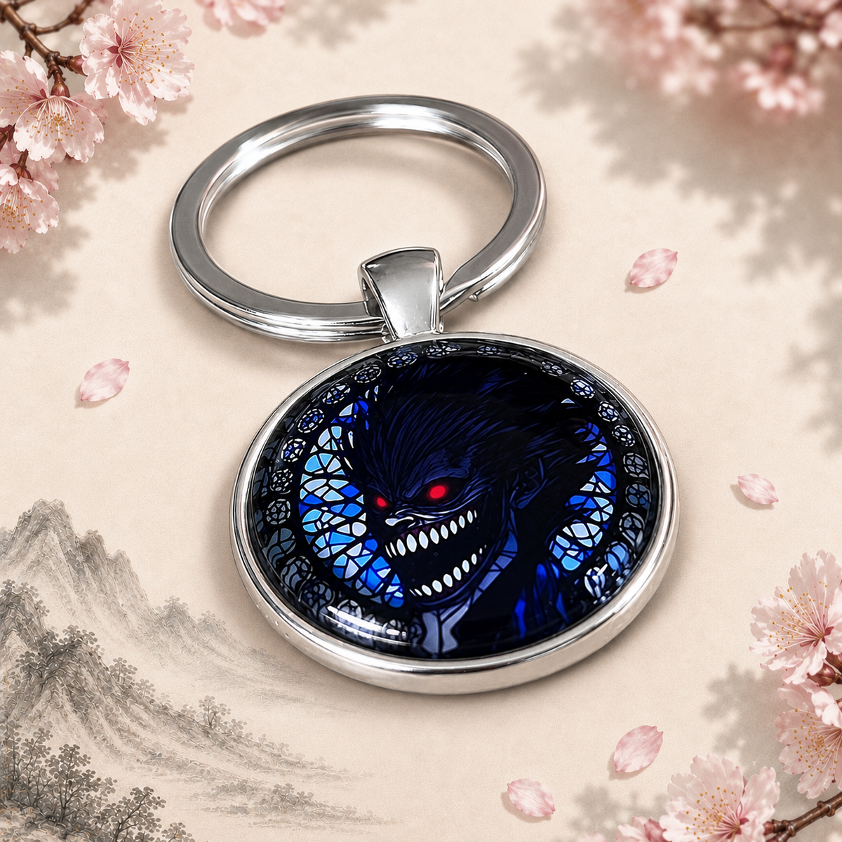 Death Note Anime-Schlüsselanhänger mit rundem Motiv und silbernem Metallanhänger
