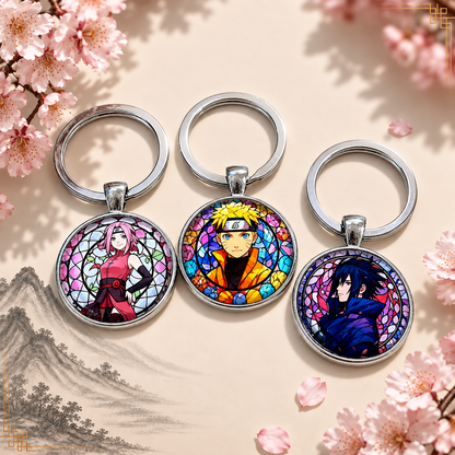Naruto Anime-Schlüsselanhänger mit rundem Motiv und silbernem Metallanhänger