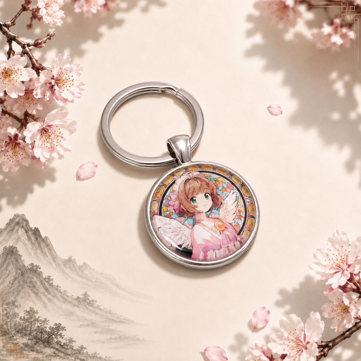Card Captor Sakura Anime-Schlüsselanhänger mit rundem Motiv und silbernem Metallanhänger