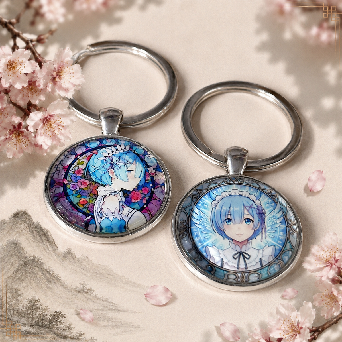 Re:Zero Anime-Schlüsselanhänger mit rundem Motiv und silbernem Metallanhänger