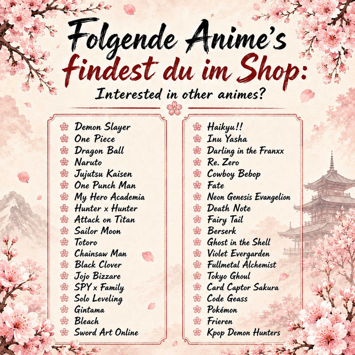 Anime-Übersicht mit verschiedenen beliebten Anime-Serien im Shop, darunter Demon Slayer, One Piece, Naruto und Jujutsu Kaisen 