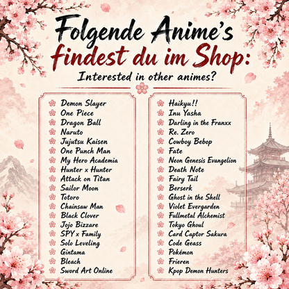 Anime-Übersicht mit verschiedenen beliebten Anime-Serien im Shop, darunter Demon Slayer, One Piece, Naruto und Jujutsu Kaisen 
