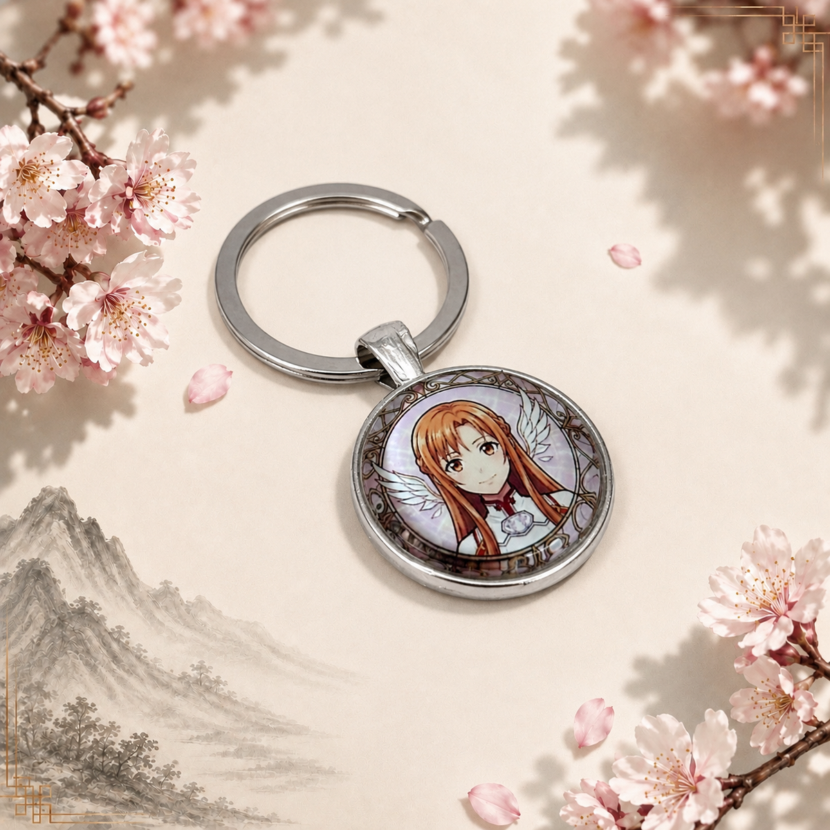 Sword Art Online Anime-Schlüsselanhänger mit rundem Motiv und silbernem Metallanhänger